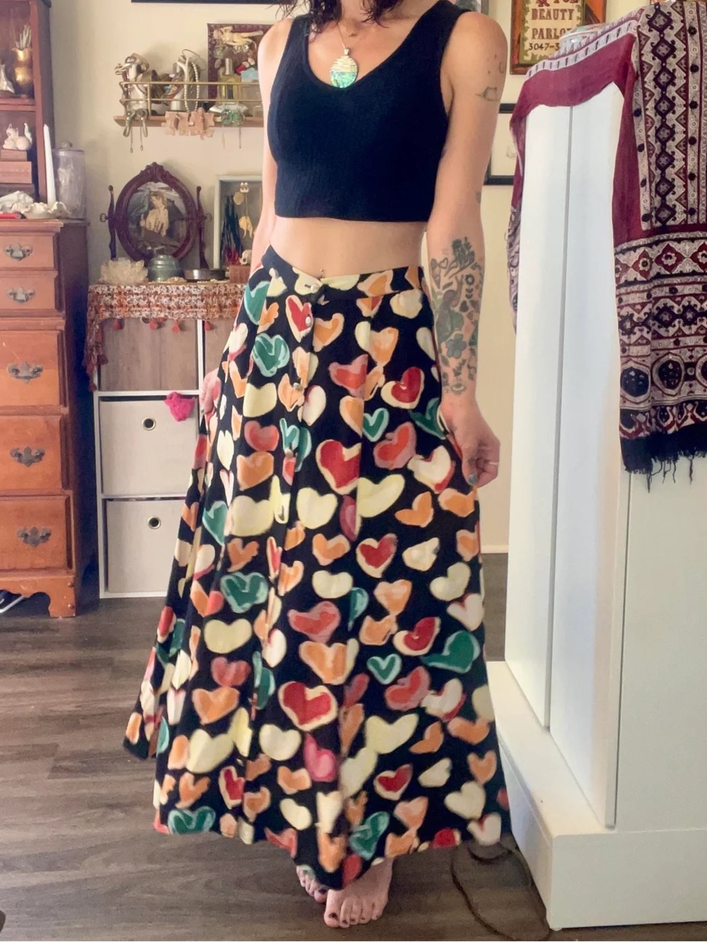 Vintage Terry Ward Black Multicolor Gored Button Front Midi Skirt Size L Retro - Picture 3 of 11